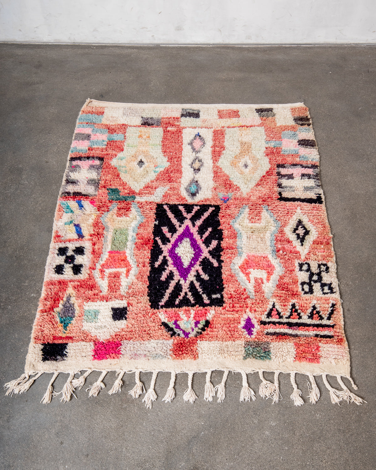 Modern, designer, handcrafted Berber rug from Morocco. Vintage carpet with beautiful colours and patterns and fluffy texture.